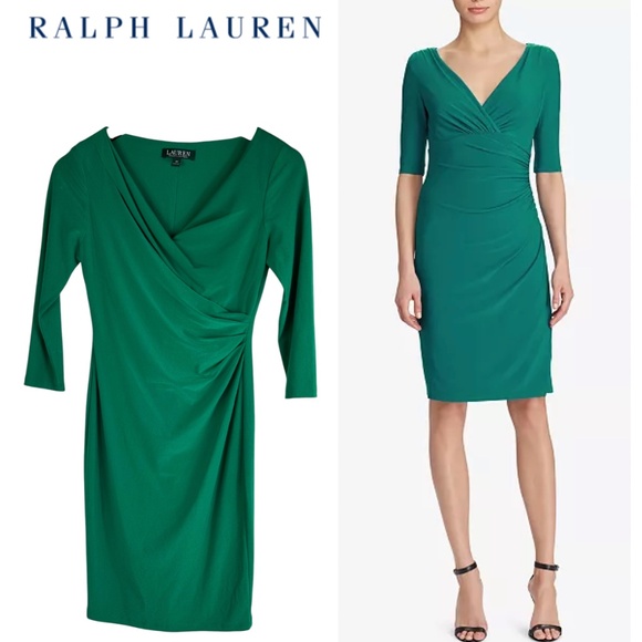 Ralph Lauren Dress 0P 0 Petite XSP Green Ruched Bodycon Stretch Elegant Cocktail - Picture 1 of 6